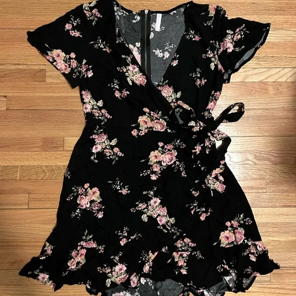 Xhilaration Black Floral Wrap Dress